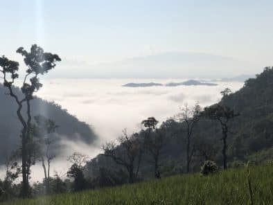 View down to the clouds from a high mountain