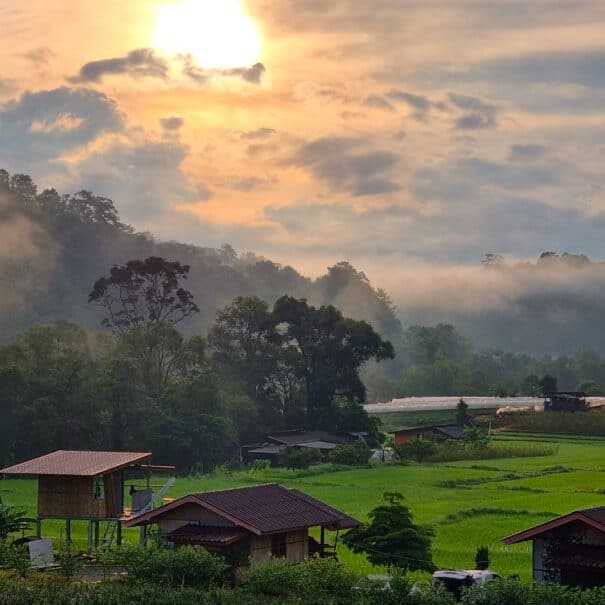 Responsible Travel Policy 1 A sun rise in a small Northern Thailand village with rice fields